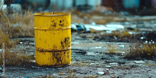 Yellow barrel for chemical waste containment. This toxic refuse keg signifies the dangers of environmental pollution and the risk of ecological disaster from poisonous liquid cask emissions. photo