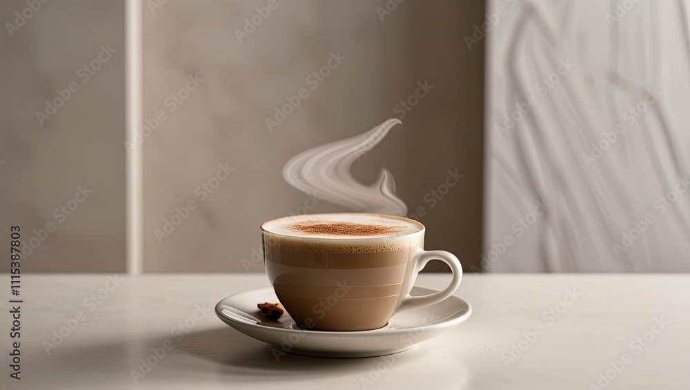 Obraz premium a cup of expertly prepared cappuccino, topped with a smooth layer of steamed milk and a sprinkling of cinnamon or cocoa powder, set against a clean, modern, minimalist backdrop with a smooth texture, 