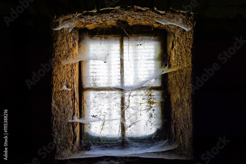 Fenêtre envahie de toiles d'raignée photo