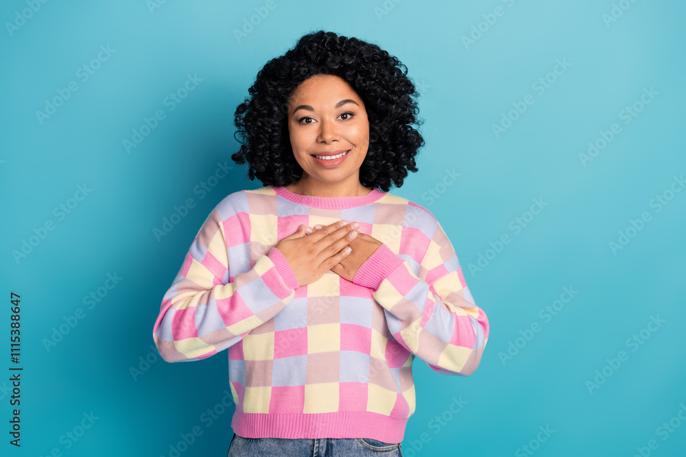 Fototapeta premium Photo portrait of lovely young lady touch chest grateful dressed stylish pink plaid garment isolated on blue color background