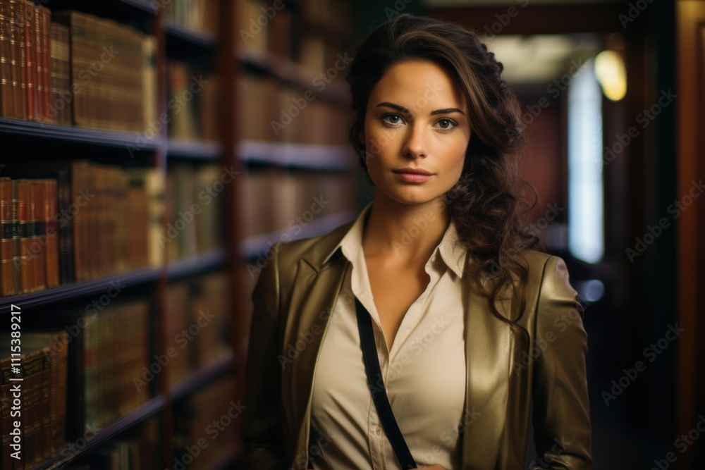 A woman stands in a library with her back to the camera A woman stands in a library with her back to the camera