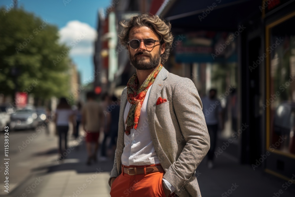 Fototapeta premium A man wearing a suit and orange pants stands on a sidewalk