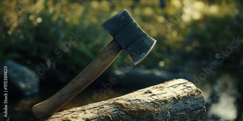 The axe rests on the beam, emphasizing the role of the axe in various tasks. This image highlights the axe s significance, showcasing the axe in a serene, natural setting. photo