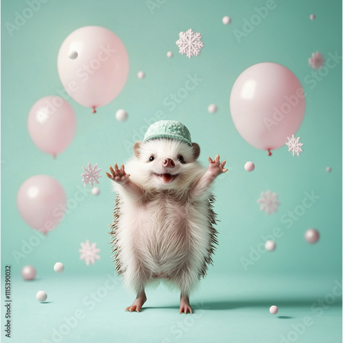 Cute little hedgehog having party with balloons, pastel green background