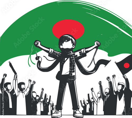 Bangladeshi Student Abu Said standing with his chest outstretched his arms in front of gunholding national flag visual July Massacre graphic Vector illustration Art generated Ai