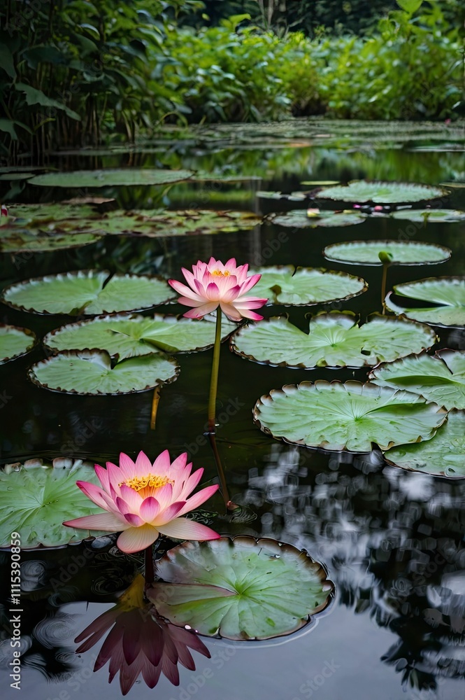From above of bright blooming pink water lotus flower growing among lush green leaves on calm pond From above of bright blooming pink water lotus flower growing among lush green leaves on calm pond