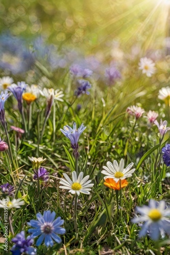 Spring background, wide meadow concept with foreground flowers, sunlight and blue sky