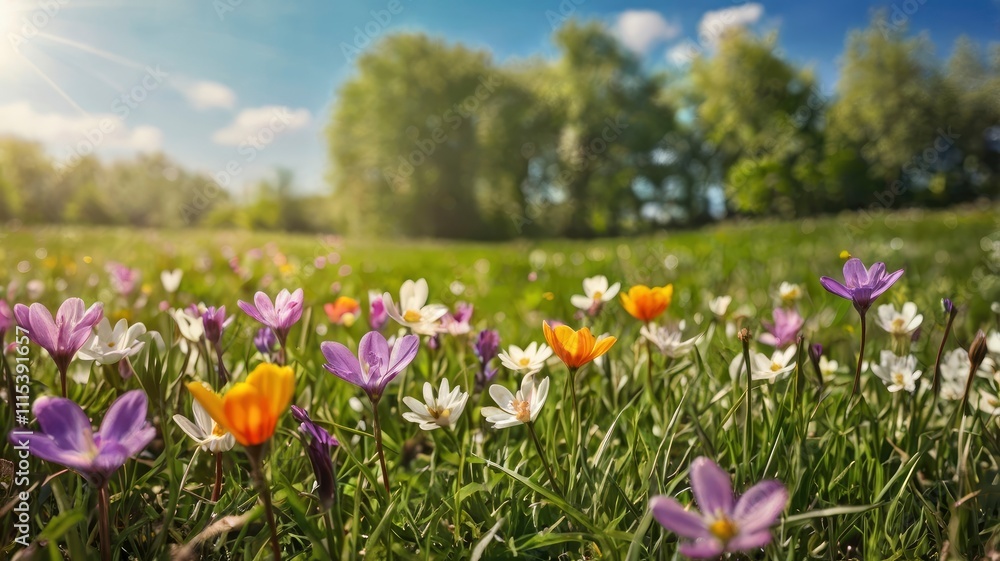 Obraz premium Spring background, wide meadow concept with foreground flowers, sunlight and blue sky