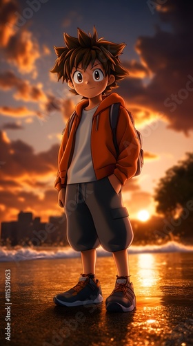 Anime Character Standing on Beach During Sunset HD Mobile Wallpaper