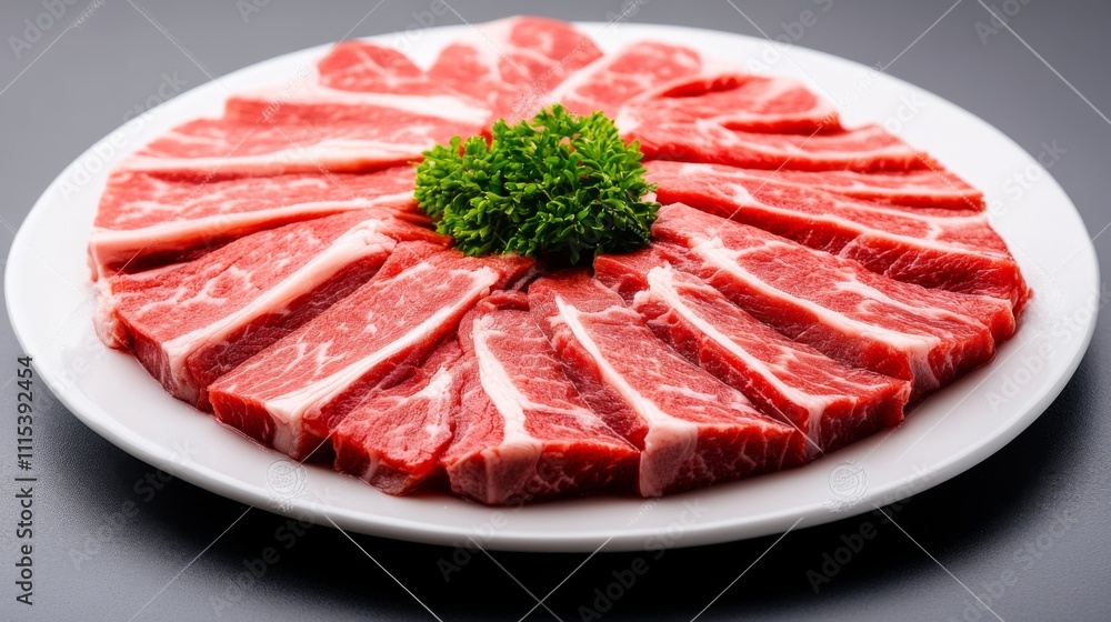 Freshly sliced beef arranged in a decorative circle with garnish on a white plate Freshly sliced beef arranged in a decorative circle with garnish on a white plate