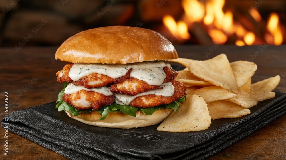 Delicious grilled chicken sandwich with creamy sauce and crispy chips by the warm fire Delicious grilled chicken sandwich with creamy sauce and crispy chips by the warm fire
