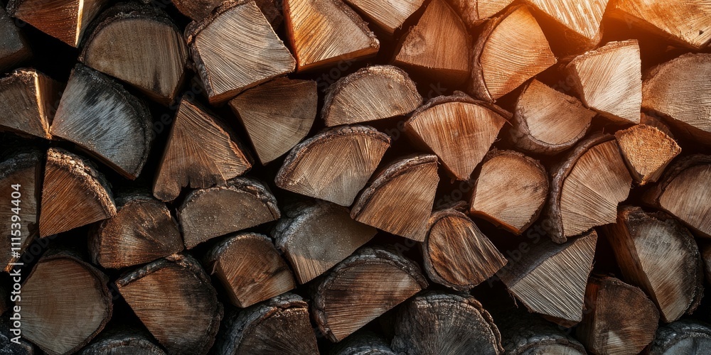Fototapeta premium Cedar firewood stacked neatly in a woodpile, showcasing dry wood in sunlight. This arrangement of cedar firewood highlights its natural beauty and perfect condition for burning.