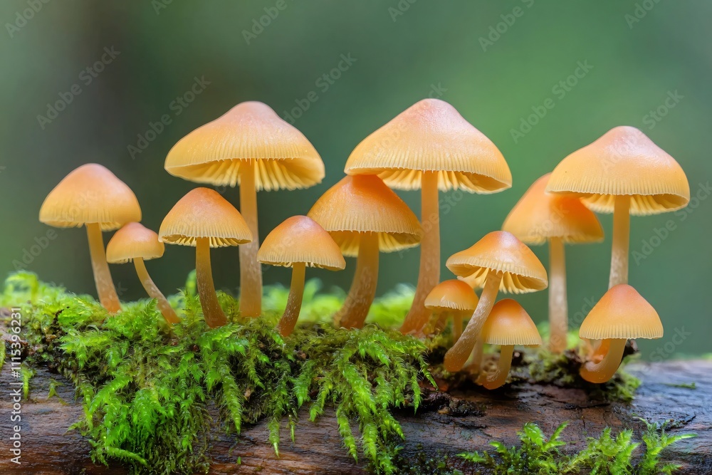 Fototapeta premium Vibrant Orange Mushrooms Growing on Mossy Log in Forest