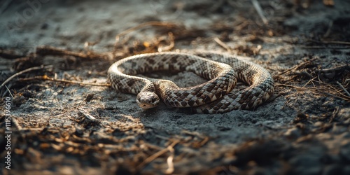 A killed snake is seen lying on the ground, showcasing the unfortunate fate of a young snake. The image captures the moment of a killed snake s presence in a natural setting. photo