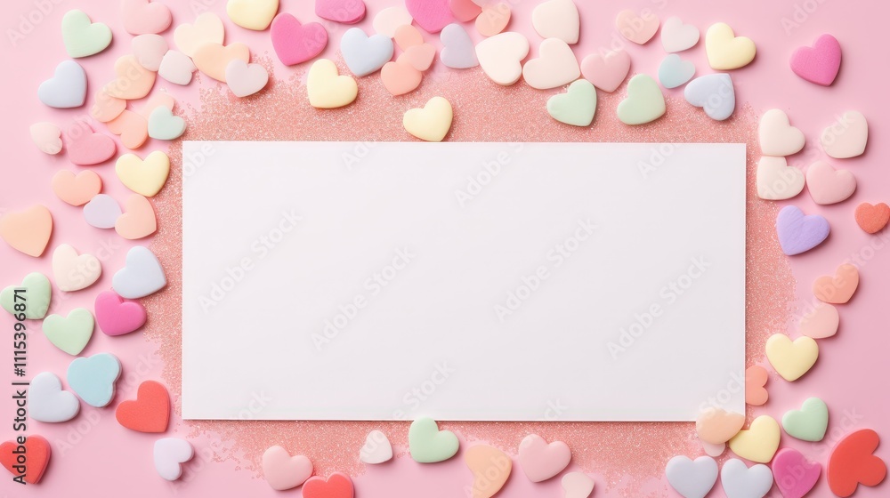 Flat Lay Arrangement Featuring Empty Space Surrounded by Colorful Heart-Shaped Candies for Valentine's Day Celebrations Flat Lay Arrangement Featuring Empty Space Surrounded by Colorful Heart-Shaped Candies for Valentine's Day Celebrations