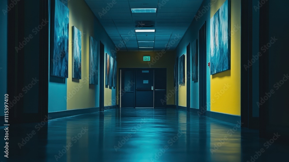 Mysterious and Ominous School Hallway with Vibrant Colors Mysterious and Ominous School Hallway with Vibrant Colors