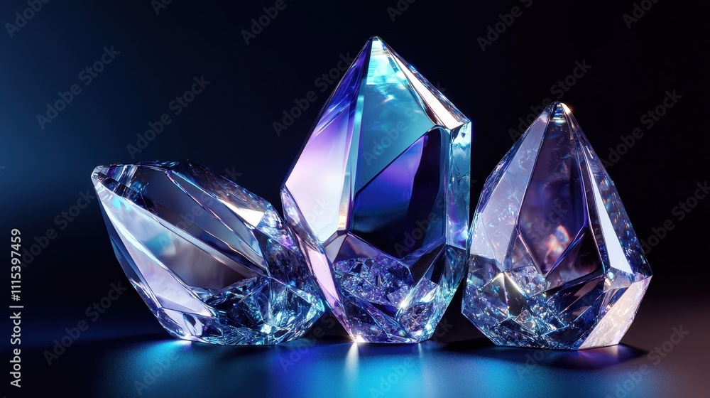 Floating Crystalline Shapes with Sharp Edges in Vibrant Light and Colorful Reflections Floating Crystalline Shapes with Sharp Edges in Vibrant Light and Colorful Reflections