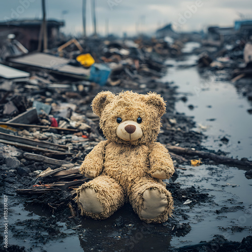 Abandoned teddy bear in a post-apocalyptic wasteland, symbolizing loss, destruction, war, childhood, despair, loneliness, tragedy, forgotten memories, survival, and emotional impact photo