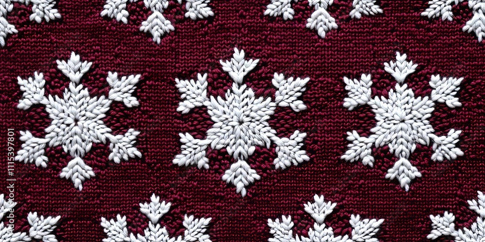 Stunning knitted snowflake pattern featuring white snowflakes against a rich burgundy background. This beautiful snowflake pattern is ideal for various background applications. Stunning knitted snowflake pattern featuring white snowflakes against a rich burgundy background. This beautiful snowflake pattern is ideal for various background applications.