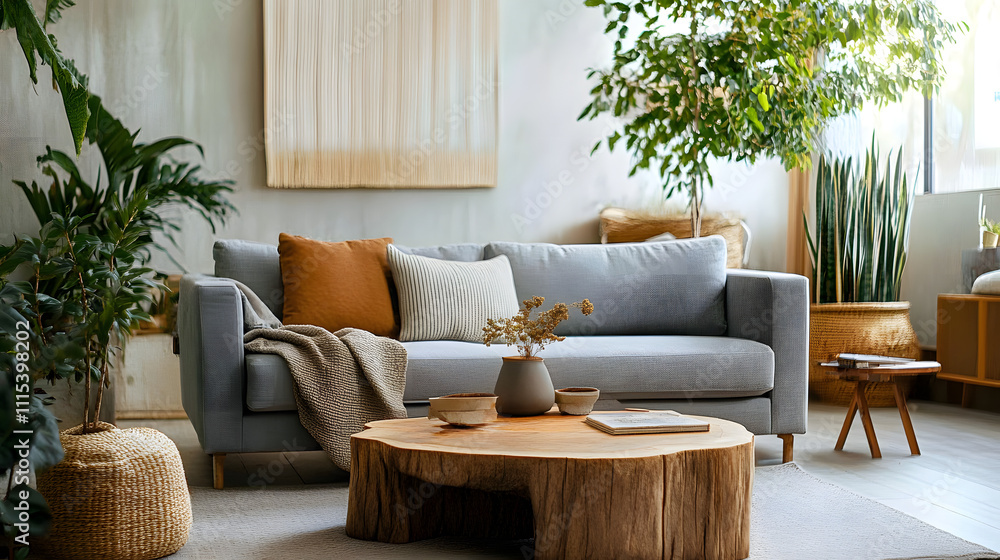 Fototapeta premium A bright living room with a grey sofa, rustic wooden coffee table, and cozy earthy tones, complemented by natural greenery and textured accents.
