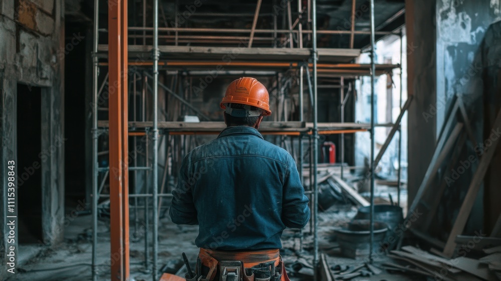 Fototapeta premium Construction Worker in Helmet at a Renovation Site, Scaffolding and Debris