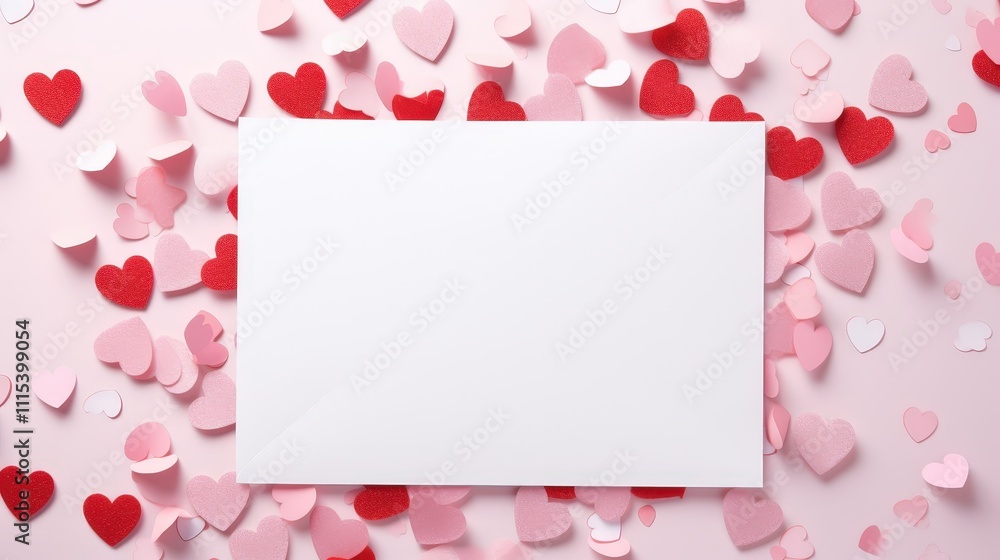Blank Greeting Card Template for Valentine's Day with Colorful Heart Shapes Surrounding It on a Soft Pink Background Blank Greeting Card Template for Valentine's Day with Colorful Heart Shapes Surrounding It on a Soft Pink Background