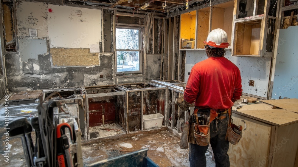 Fototapeta premium Kitchen Remodel Demolition Contractor Assessing Fire Damage Restoration