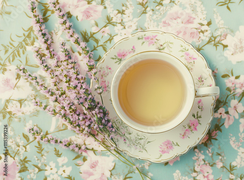 Vintage Floral Tea Cup with Herbal Tea and Lavender on a Pastel Background






