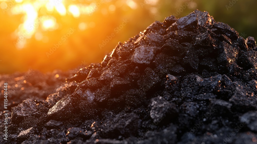 Fototapeta premium A close-up of a pile of dark soil illuminated by warm sunlight, showcasing texture and earthy tones.