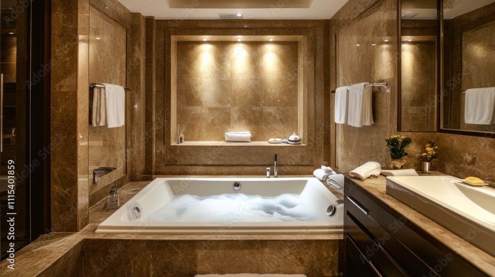 Elegant bathroom featuring a jacuzzi, warm lighting, and luxurious marble finishes. Elegant bathroom featuring a jacuzzi, warm lighting, and luxurious marble finishes.