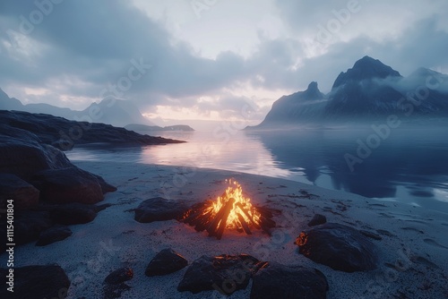 A tranquil evening scene featuring a glowing campfire on the shore surrounded by misty mountains. photo