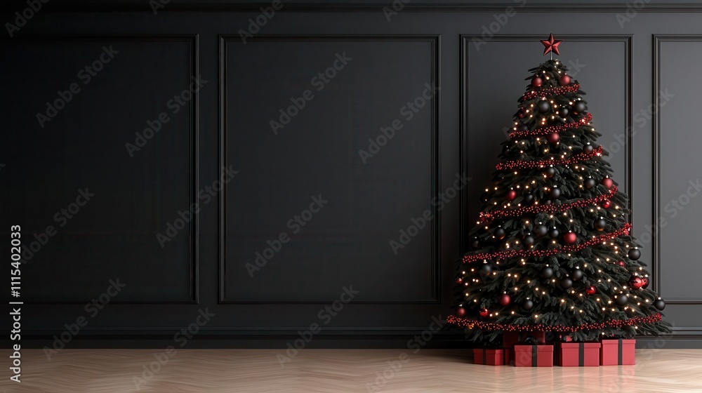 Fototapeta premium Clean Red and Black Xmas Ornament: Christmas tree with red and black garland and lights, glowing warmly, 3D illustration