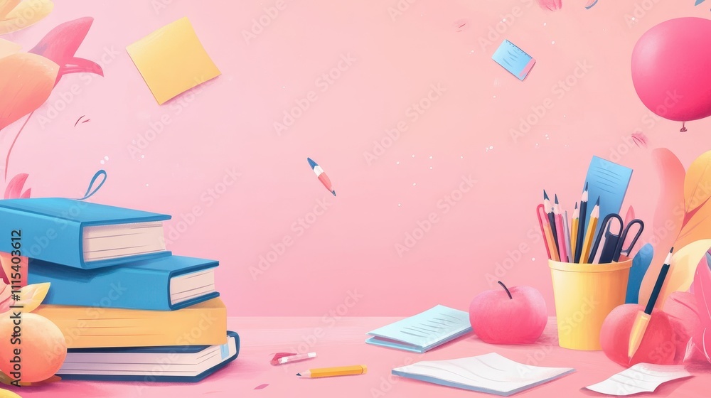 Fototapeta premium Colorful Back to School Supplies and Stationery on Pink Background