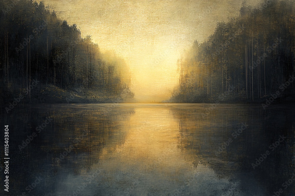 Fototapeta premium Serene Misty Landscape with Calm Water and Golden Sunrise Reflection