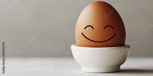 Smiling brown egg in an egg stand showcases a positive expression with a drawn black smile, set against a clean white background, creating a cheerful and delightful image of the brown egg. photo