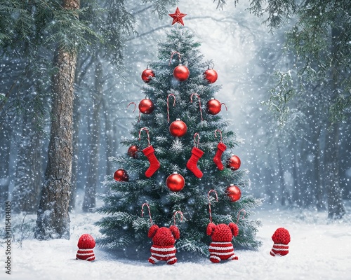 A whimsical Christmas scene featuring a decorated tree and playful red and white knitted ornaments. photo