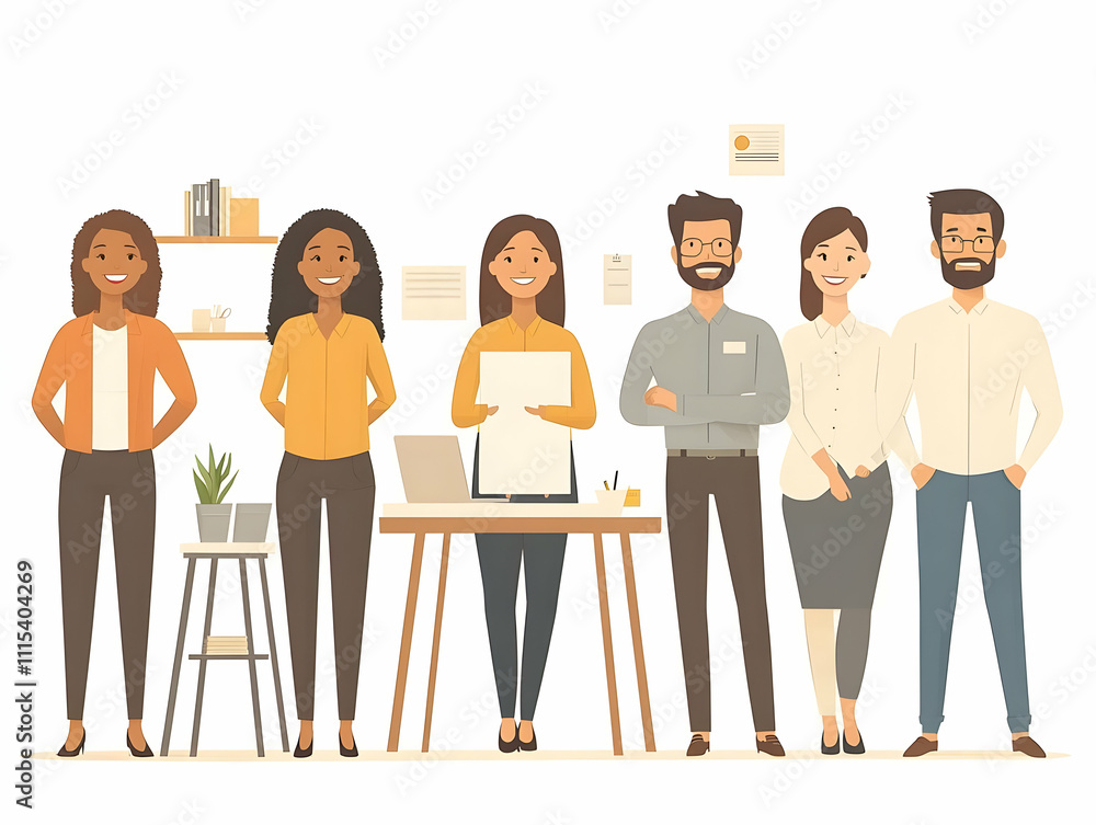 Obraz premium Flat Vector Multicultural Team Collaboration Presentation Bright Office Space