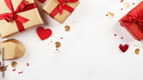 Assorted Beautiful Gift Boxes Wrapped in Red Ribbons Surrounded by Heart Shapes and Confetti on Clean White Background for Celebrations