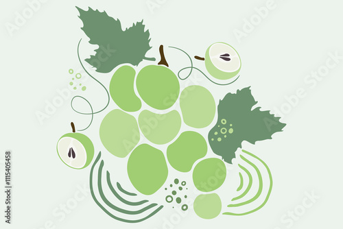 Sweet muscat grape in flat design pattern. Bunch of green grapes with leaf pattern. Simple grape in flat design. Vector illustration. Flat color cartoon style vector design