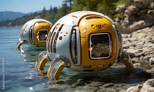 Formation of Yellow and White Underwater Vehicles on Water photo