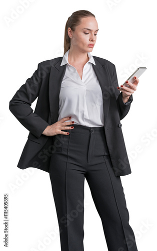 Professional woman wearing asuit and white shirt, holding a smartphone with a confident expression. Isolated on a white background photo