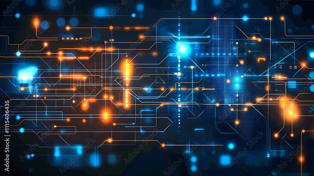 Obraz premium Abstract digital circuit design with glowing lines and nodes in blue and orange hues.