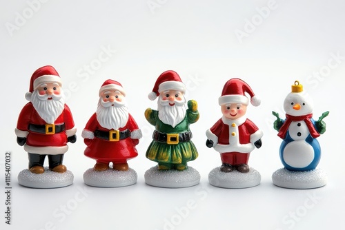 Colorful collection of Santa figurines and a snowman arranged for festive holiday decor