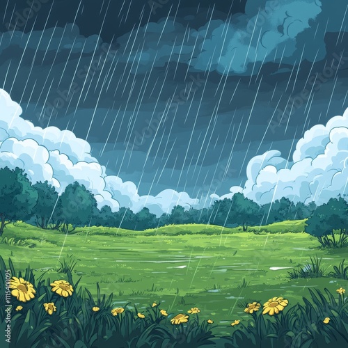 Cartoon Illustration of a Rainstorm in Nature