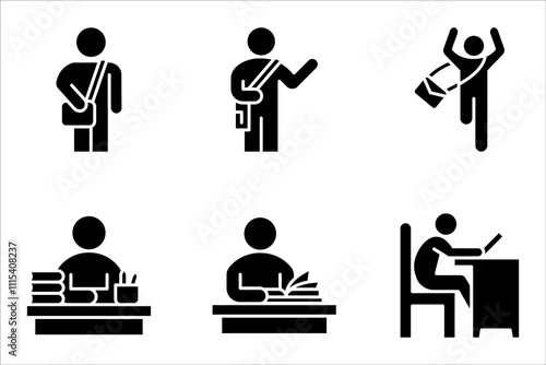 Schoolboy linear icon set. Early childhood development. Elementary school. vector illustration on white background