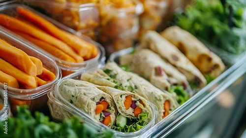 A close-up of a neatly arranged plant-based meal prep with healthy snacks like hummus, carrot sticks, and whole-grain wraps  photo