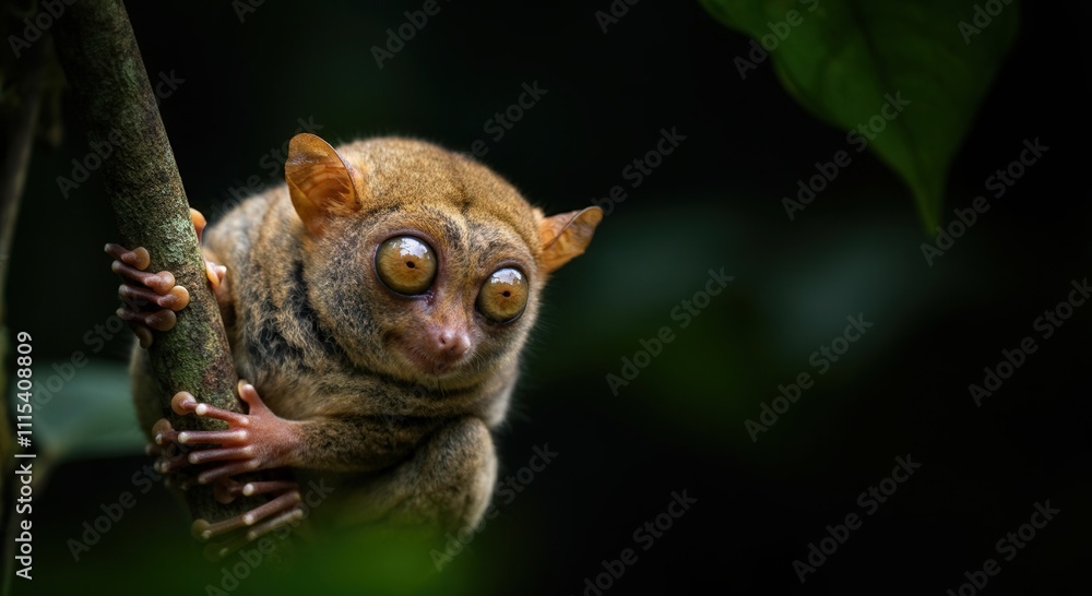 Small nocturnal tarsier on tree branch in tropical forest habitat Small nocturnal tarsier on tree branch in tropical forest habitat