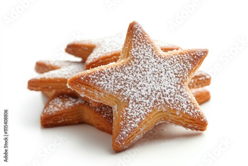 Star-shaped pastries dusted with powdered sugar arranged on a white surface for a festive occasion