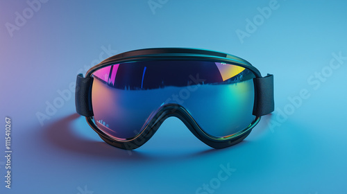 Vibrant ski goggles with reflective multicolor lenses and an adjustable strap on a gradient background. photo