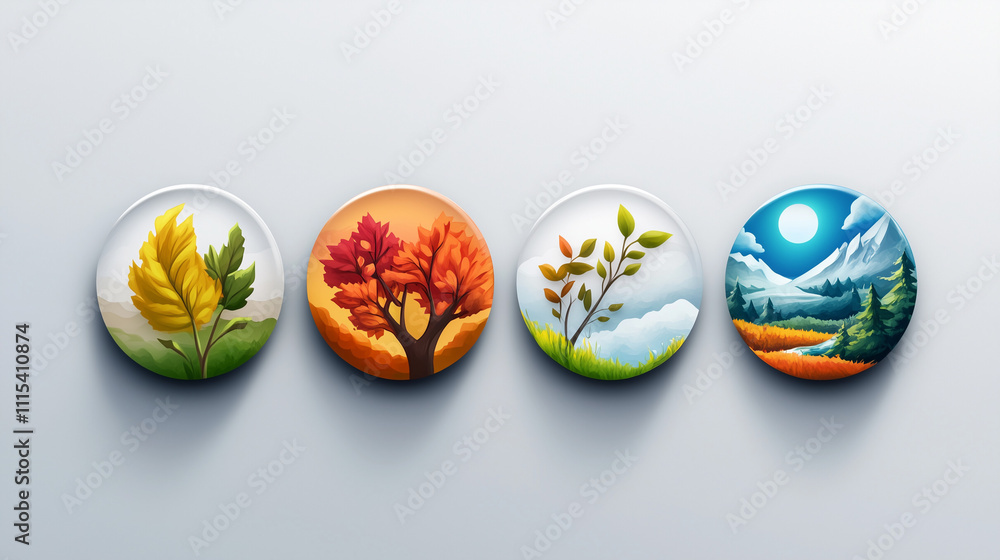 Circular icons representing four seasons with vibrant landscapes and foliage depicting nature's cycle. Circular icons representing four seasons with vibrant landscapes and foliage depicting nature's cycle.